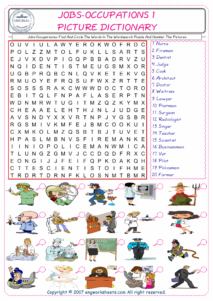  ESL wordsearch worksheets for kids, find Jobs-Occupations words in the word wordsearch write its number on its picture English worksheet. 